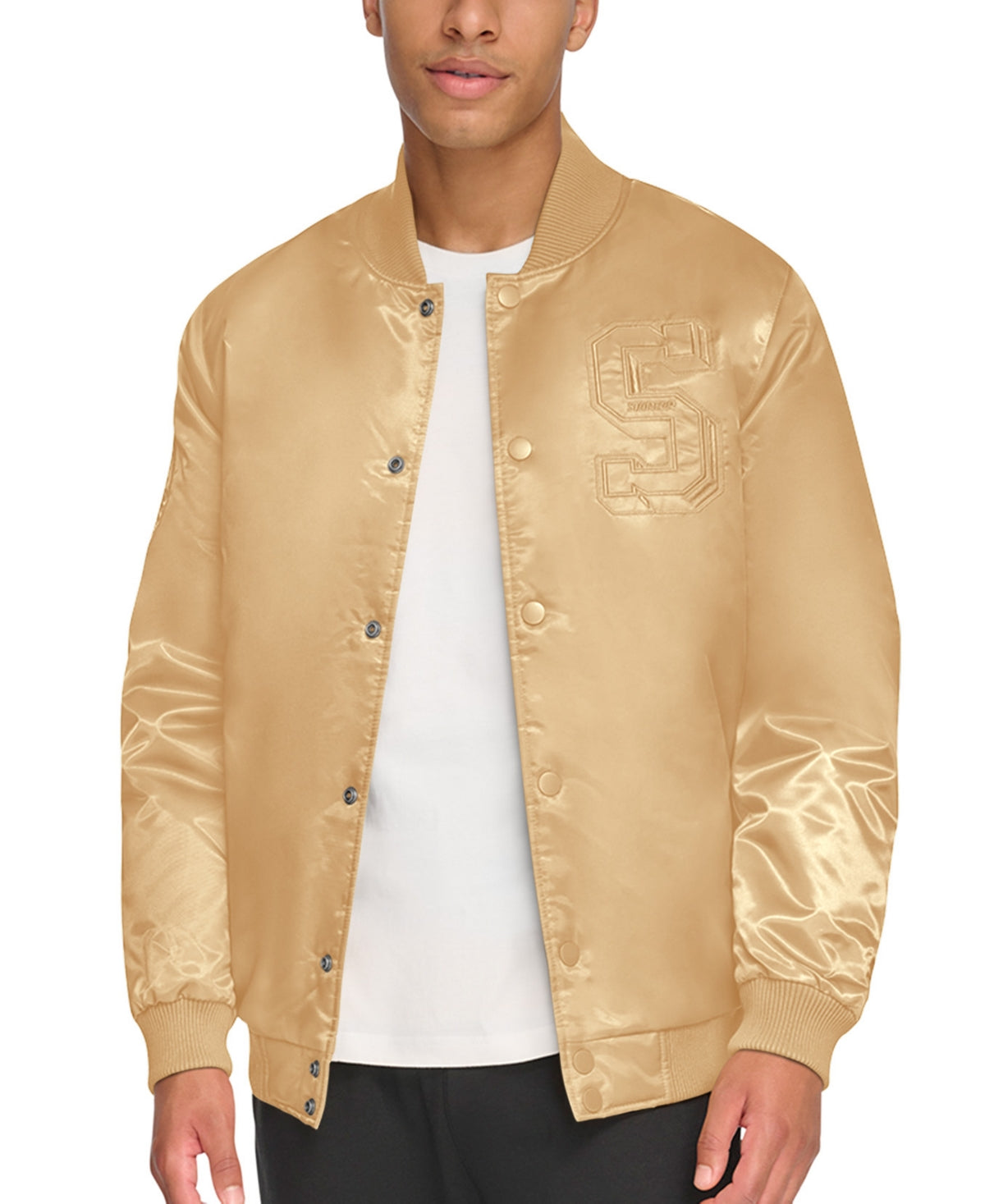 Starter Mens Classic Fit Tonal Satin Bomber Varsity Jacket Gold Medium