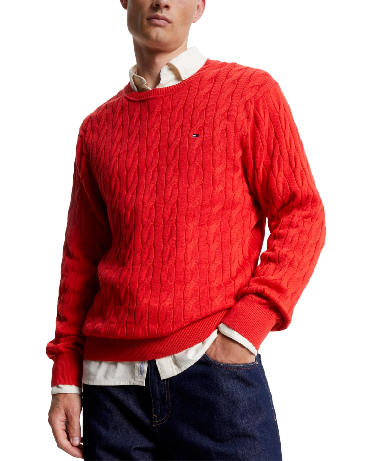 Tommy Hilfiger Mens Classic Cable Crewneck Sweater Firework Red  XL