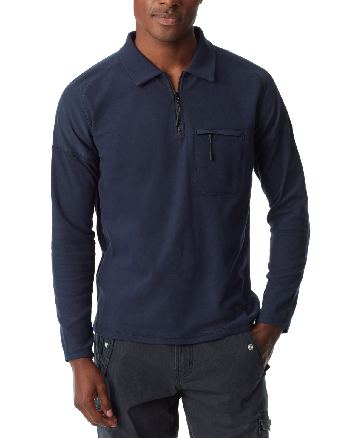 BASS OUTDOOR Mens Long Sleeve Pique Polo Shirt Sweatshirt Navy Blue 2XL