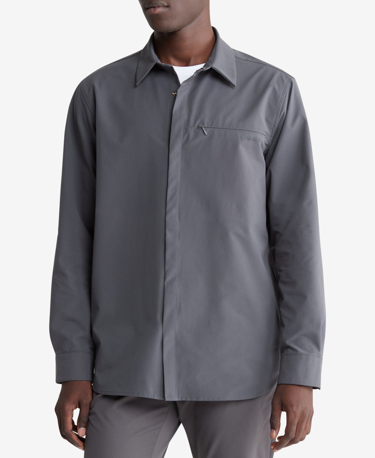 Calvin Klein Mens Athletic Hidden Pocket Button Down Shirt Asphalt Grey Large