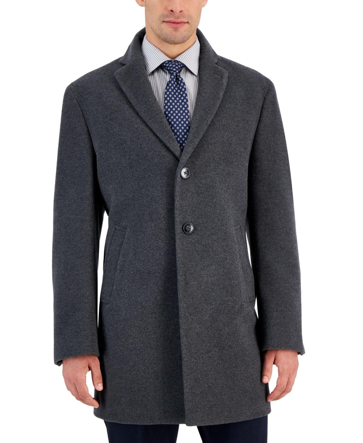 Calvin Klein Mens Slim fit Overcoat Coat 46 L Charcoal Grey Solid Wool