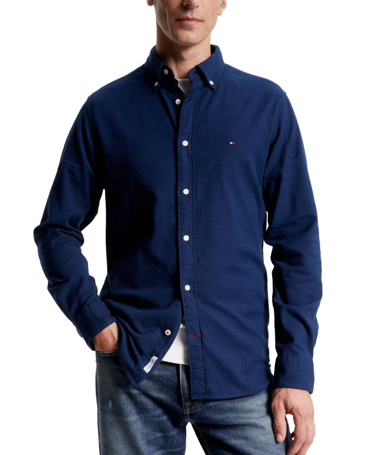Tommy Hilfiger Mens Regular Fit Flex Twill Button Down Shirt Carbon Navy XL