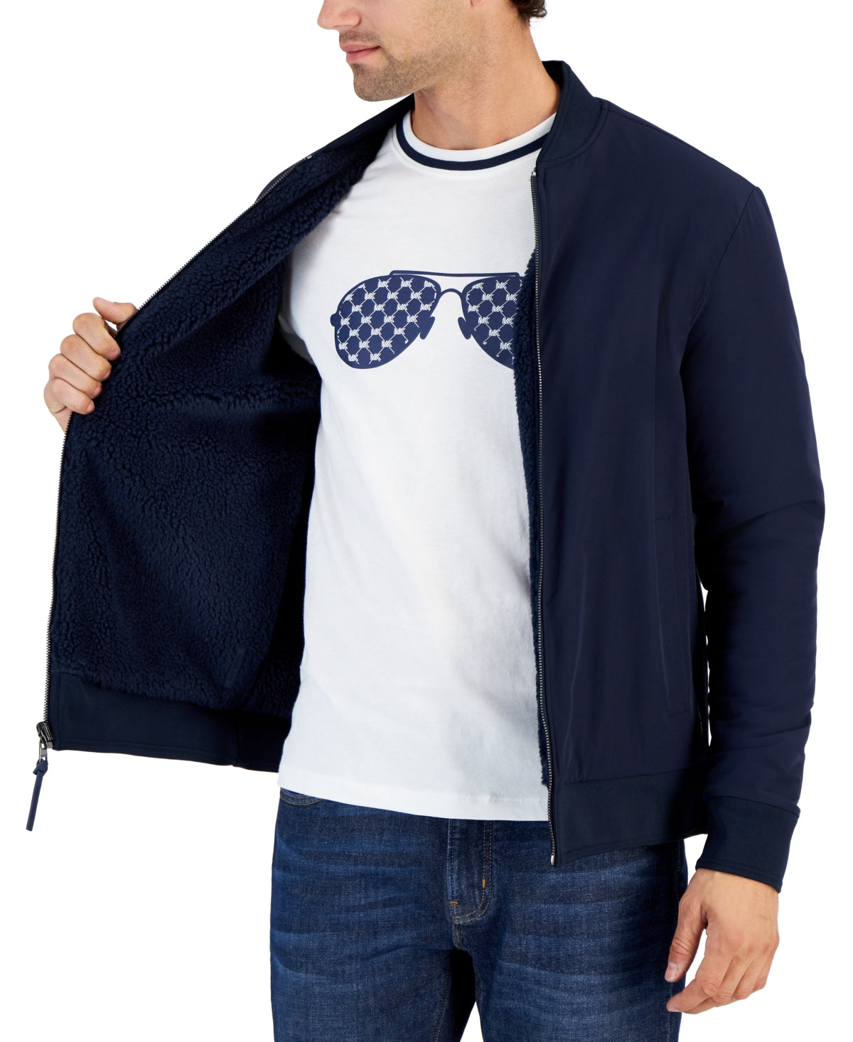Michael Kors Mens Fleece Reversible Zip Front Jacket Coat  Midnight Blue  2XL