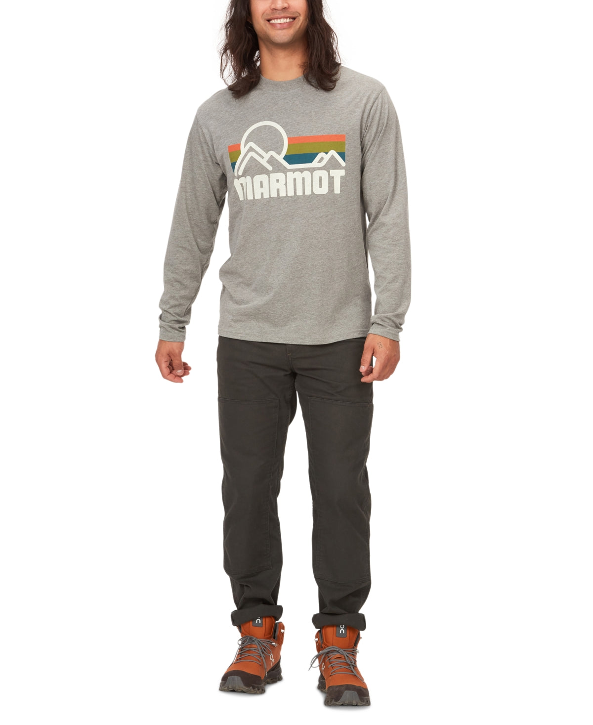 Marmot Mens Coastal Logo Long Sleeve T Shirt Charcoal Heather Grey Medium