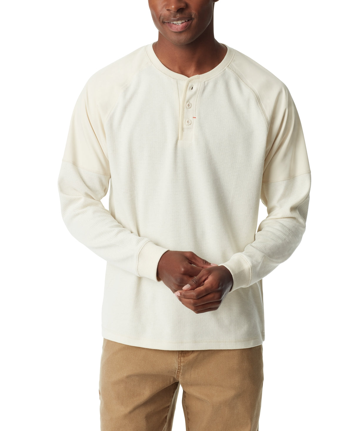 BASS OUTDOOR Mens Thermal Raglan Sleeve Henley Shirt Antique White Large