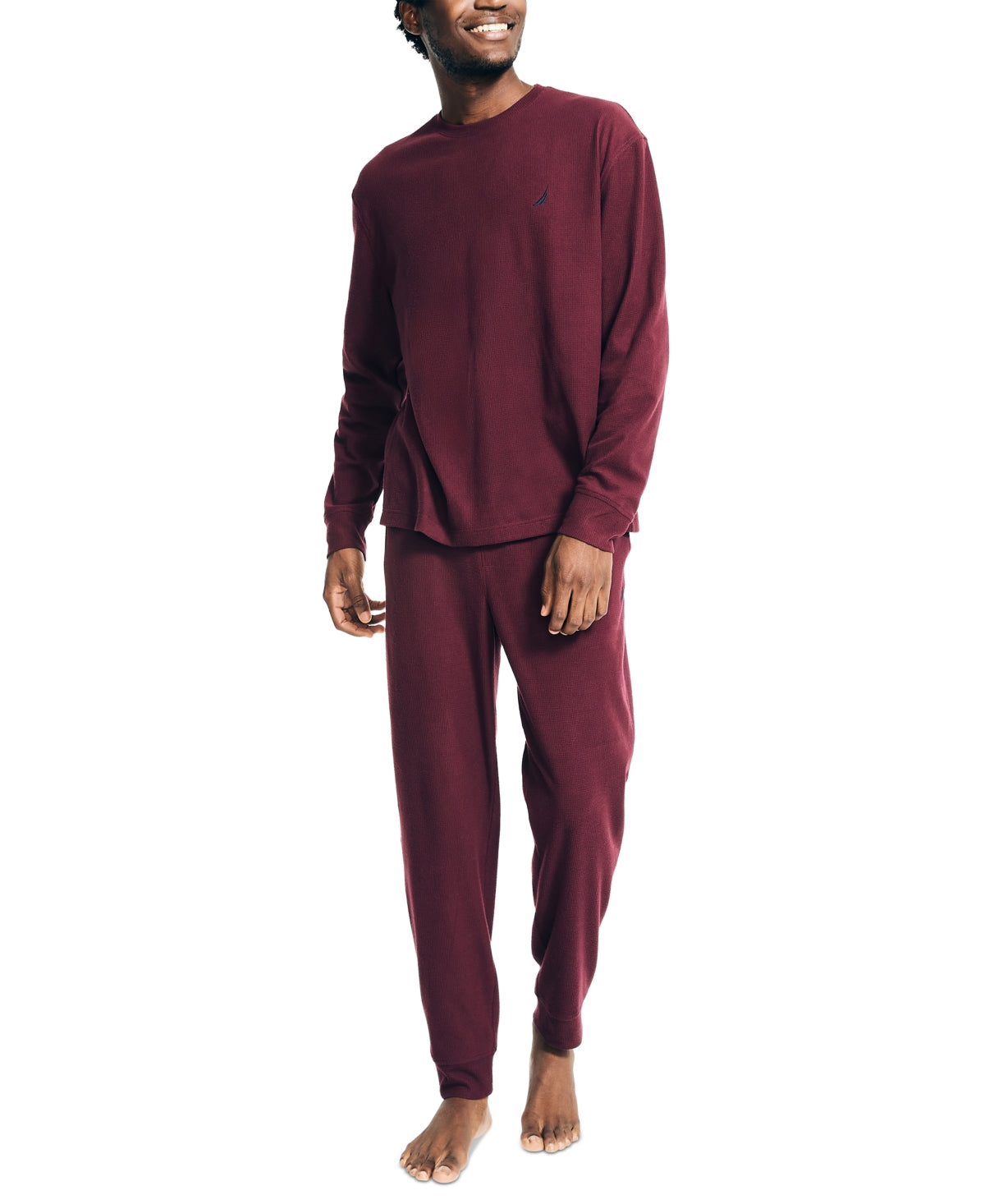 Nautica Mens 2 Pc Relaxed Fit Waffle Knit Pajama Set Royal Burgundy XL