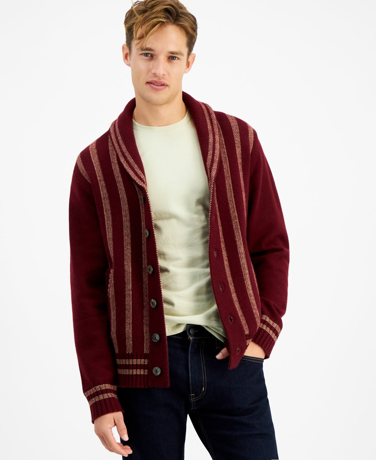 Crwth Men Regular fit Long Sleeve Cardigan Sweater Large V-Neck Red Striped