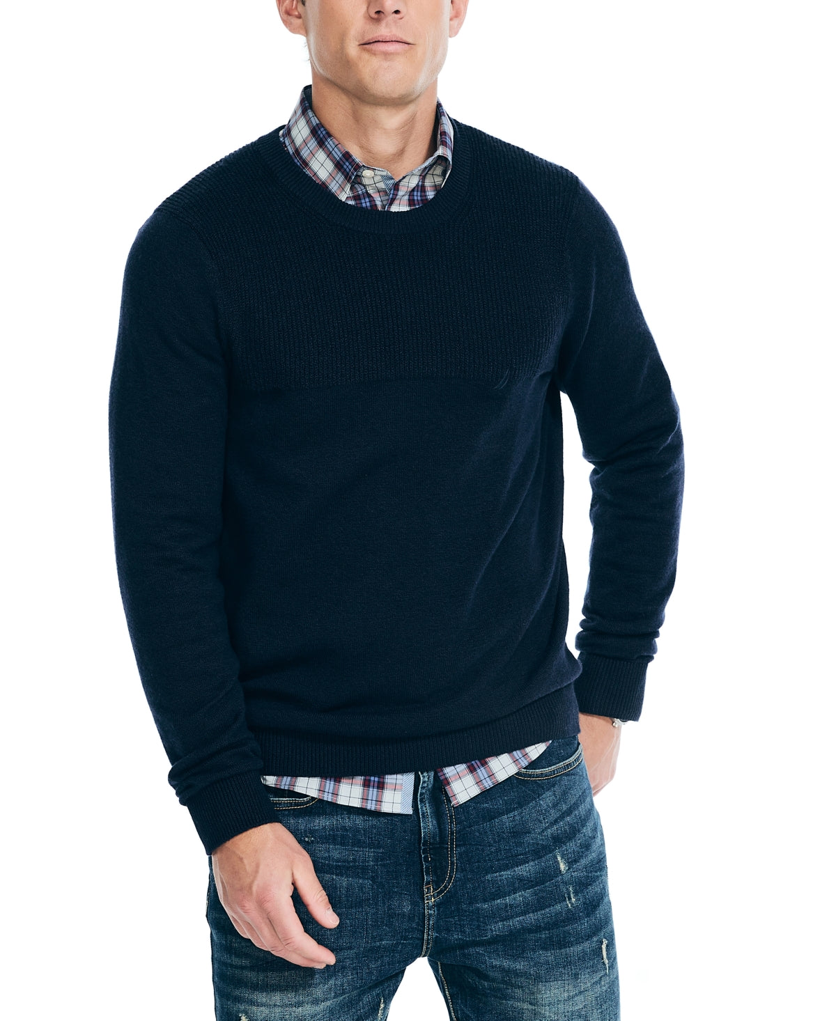 Nautica Mens Regular fit Long Sleeve Crewneck Sweater Large Navy Blue Solid