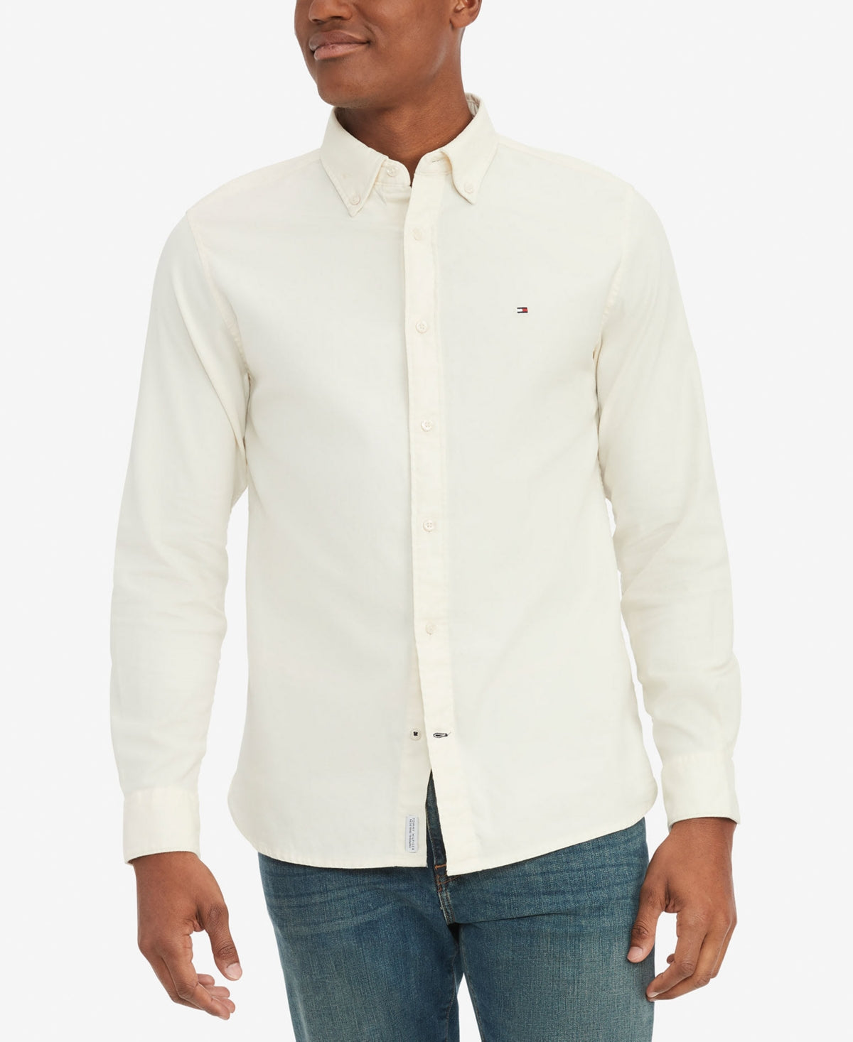Tommy Hilfiger Mens Regular Fit Flex Button Down Shirt Ecru Small