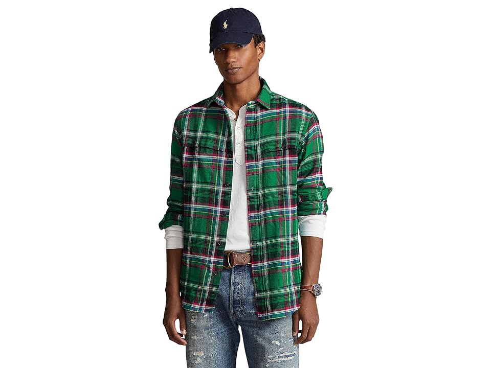 Polo Ralph Lauren Mens Classic Fit Suede Patch Button Down Shirt Green Large