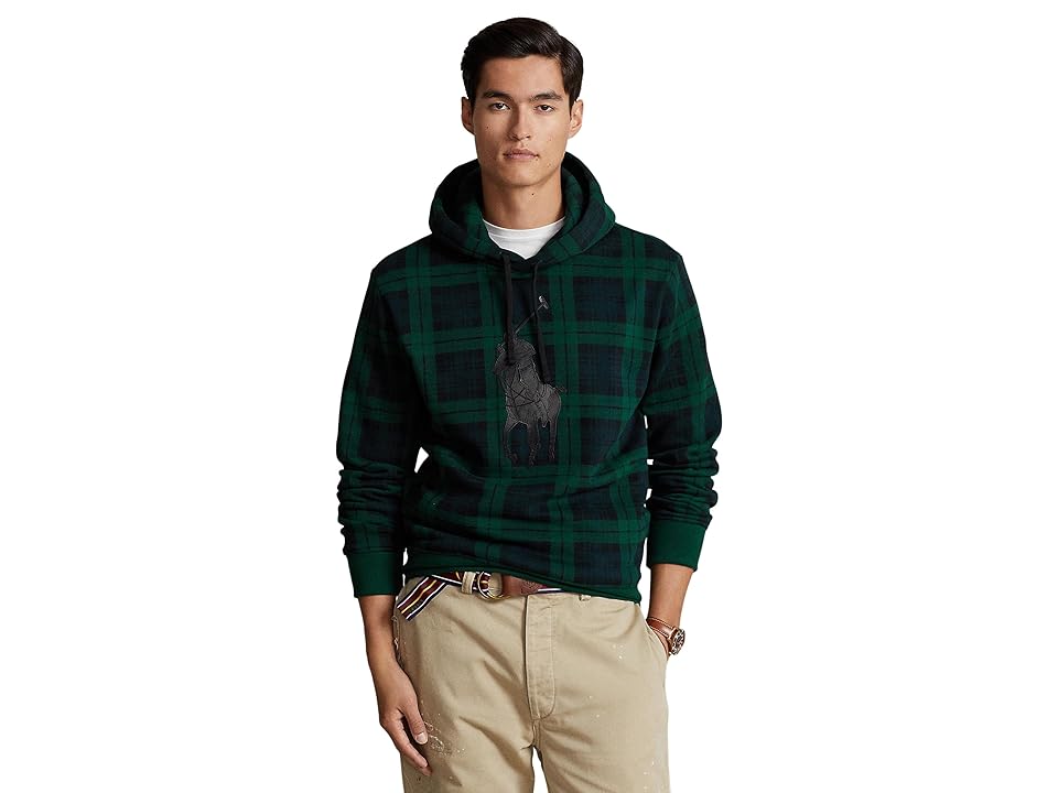 Polo Ralph Lauren  Leather Pony Plaid Fleece Hoodie Sweatshirt Small Green Plaid
