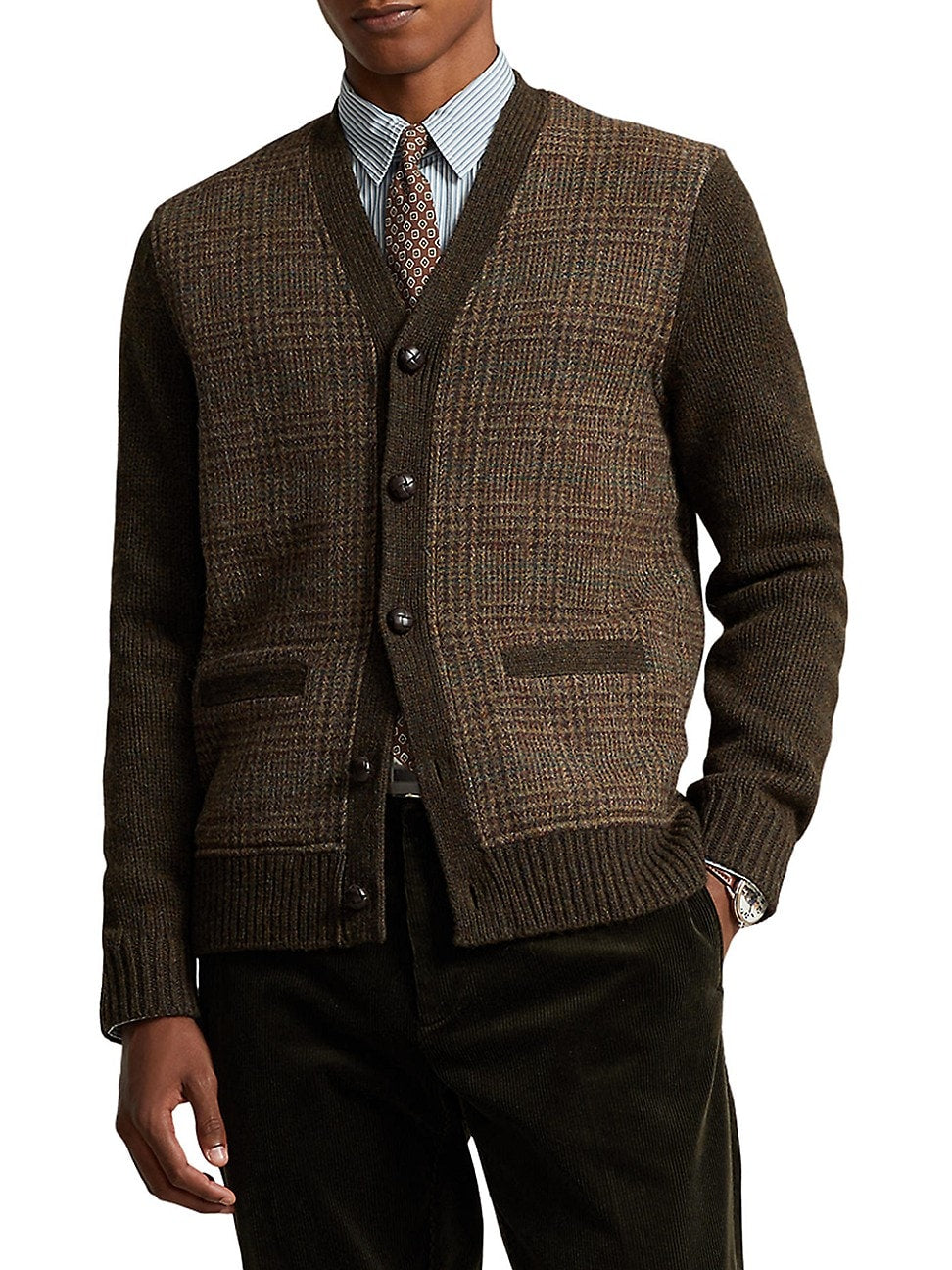 Polo Ralph Lauren Mens Glen Plaid Wool Cardigan Sweater Large Brown