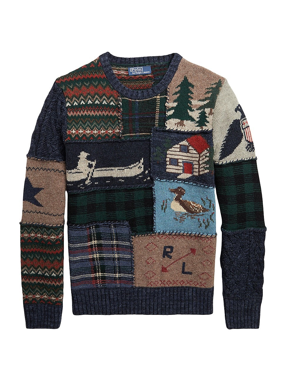 Polo Ralph Lauren Mens Regular Fit Patchwork Crewneck Sweater Large Wool