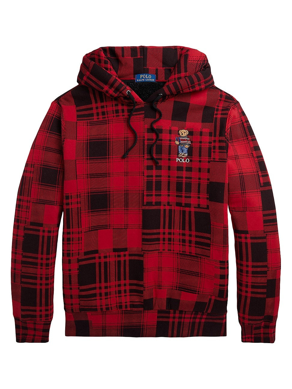 Polo Ralph Lauren Men's Bear Fleece Patchwork Hoodie Sweatshirt XL Red Plaid