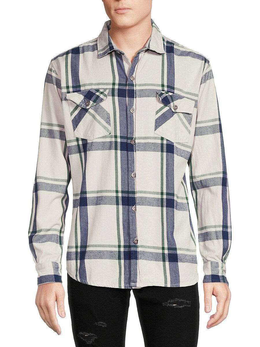 Original Paperbacks Men's VIntage Wash Plaid Flannel Shirt Cream Blue Large