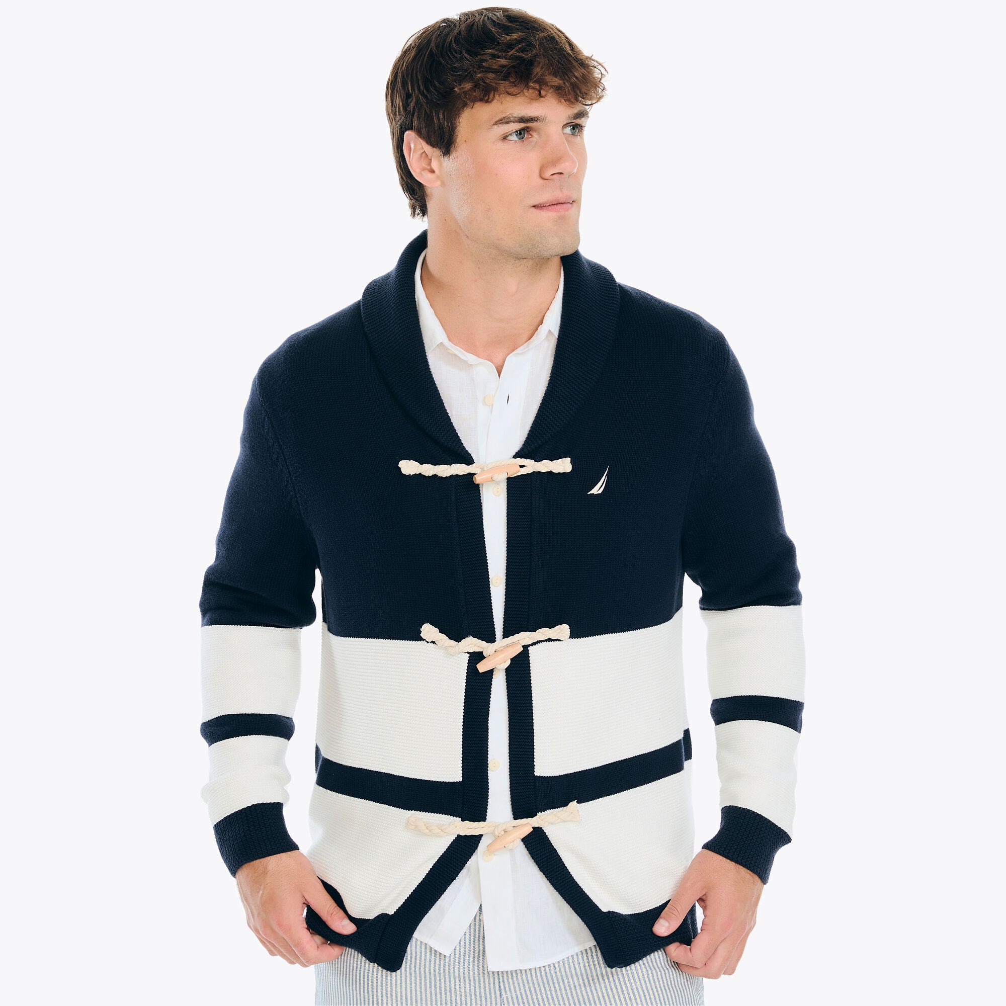 Nautica Men's Heritage Shawl Collar Toggle Closure Cardigan Sweater Blue Small