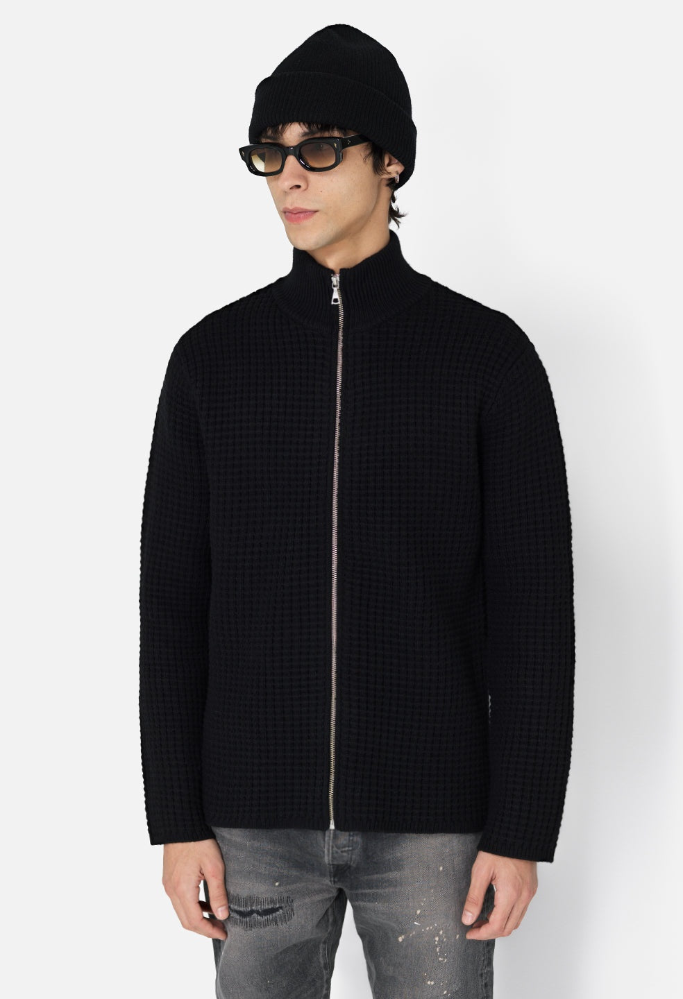 John Elliott Mens Slim fit Long Sleeve Waffle Knit Full Zip Sweater Small Black