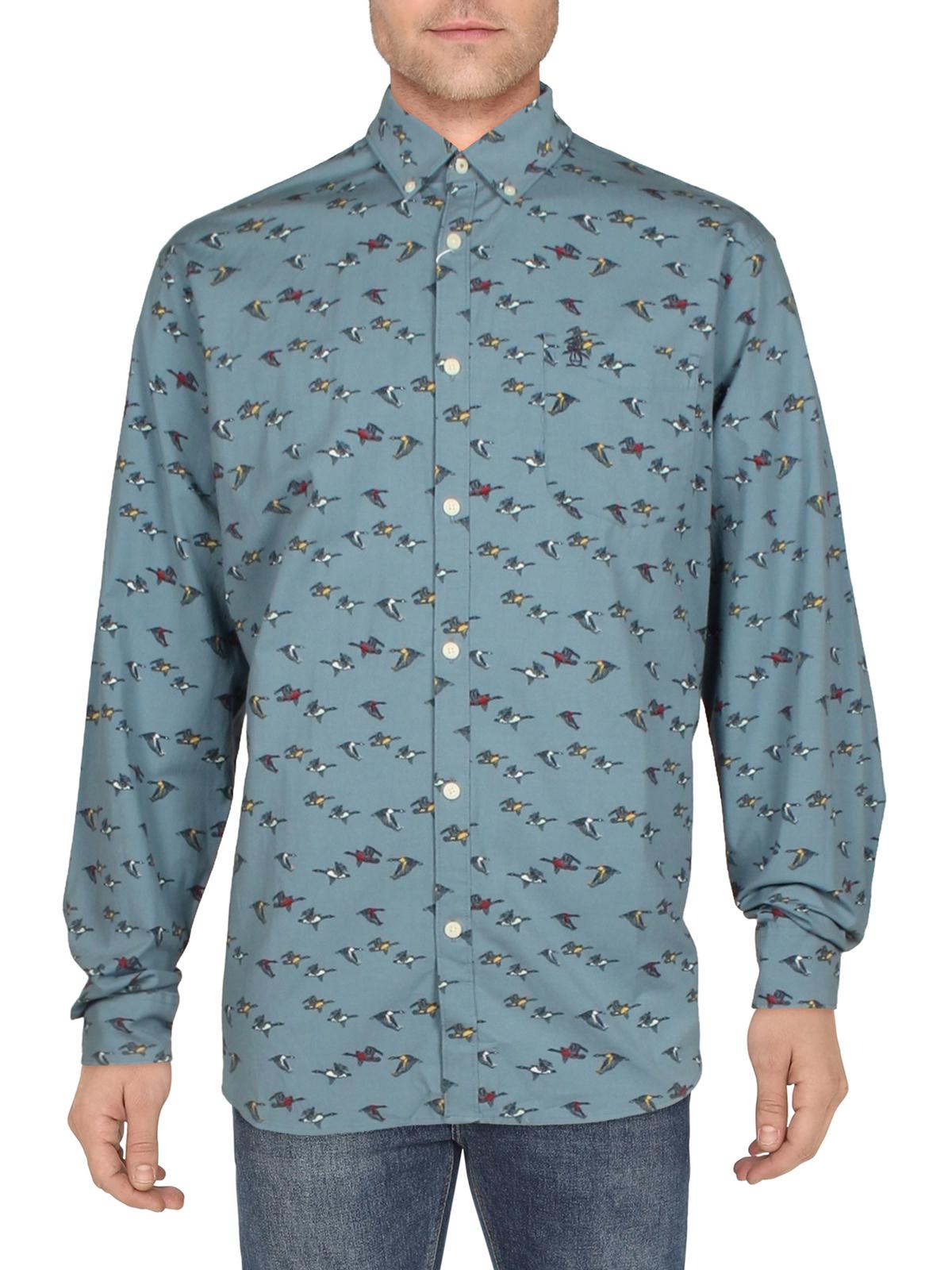 Penguin Mens Print Button down Shirt  Blue Medium