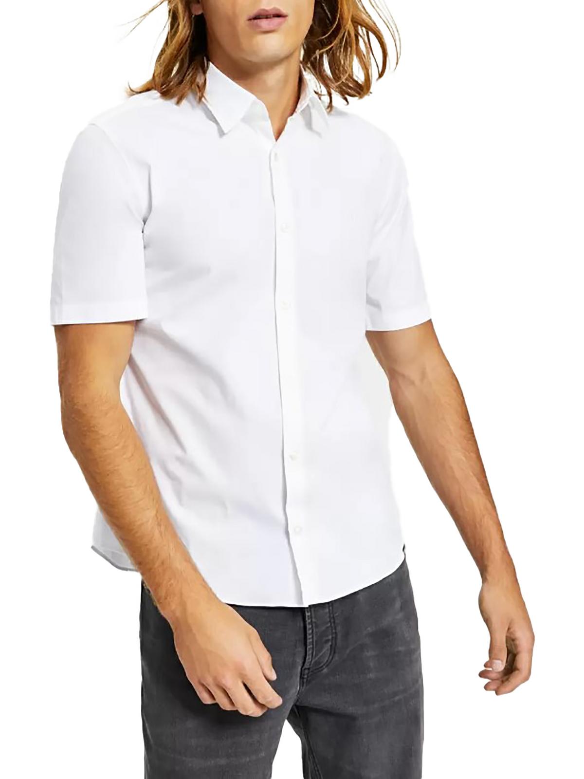 HUGO BOSS Mens Slim-Fit Embroider Button Down Short Sleeve Shirt White Large