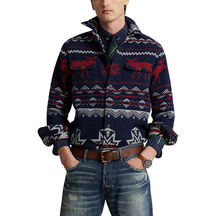 Polo Ralph Lauren Men's Classic Fit Jacquard Work Button Shirt Medium Navy Blue