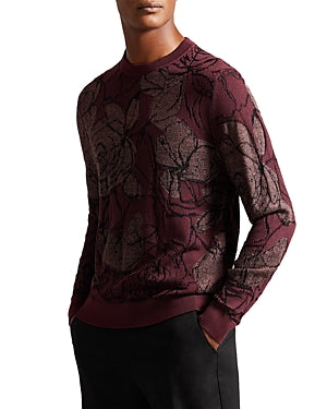 Ted Baker Mens Simpso Long Sleeved Textured Jacquard Sweater Maroon Red Medium