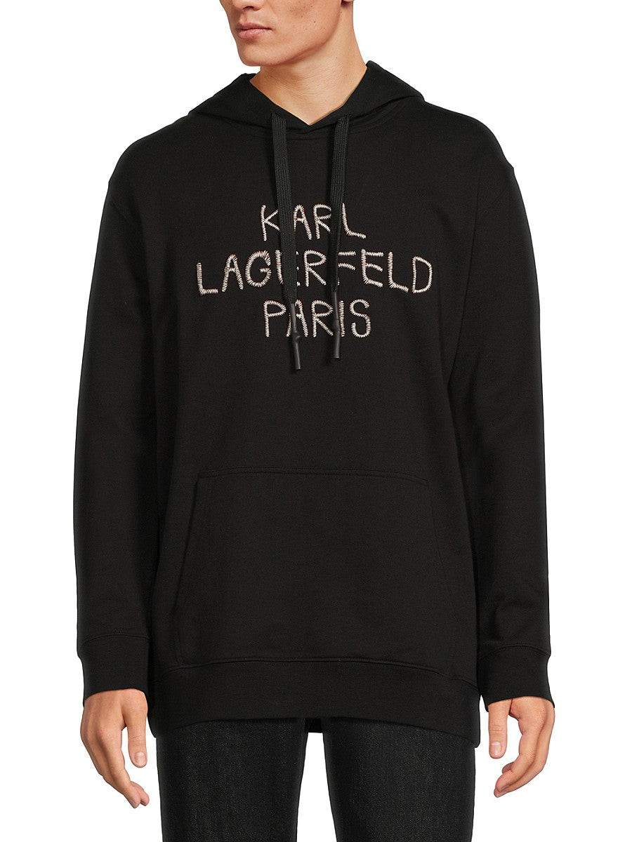 KARL LAGERFELD PARIS Mens Embroidered Logo Hoodie Sweatshirt Black Large