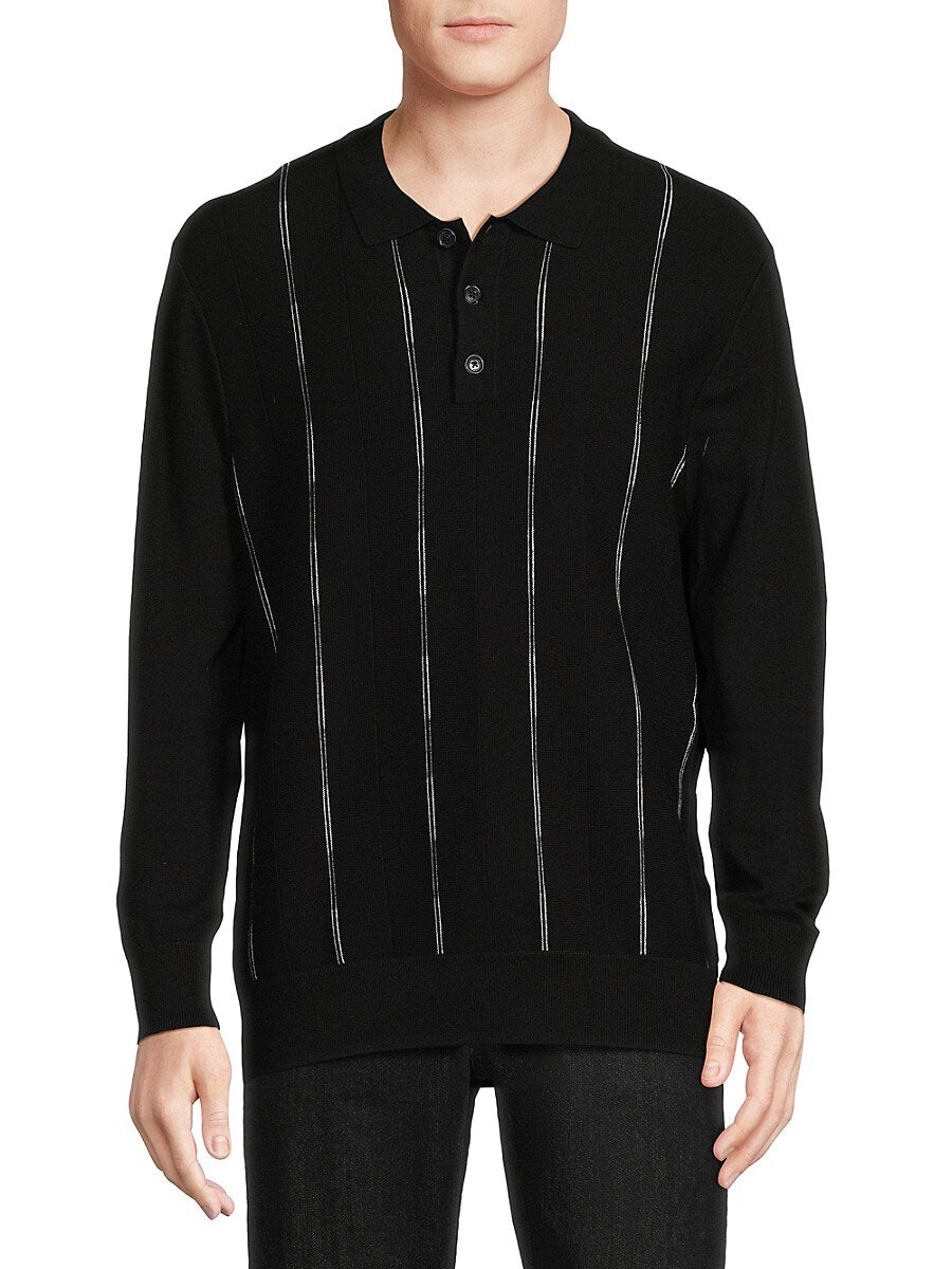 KARL LAGERFELD PARIS Mens Slim Fit Striped Polo Sweater Black White Small