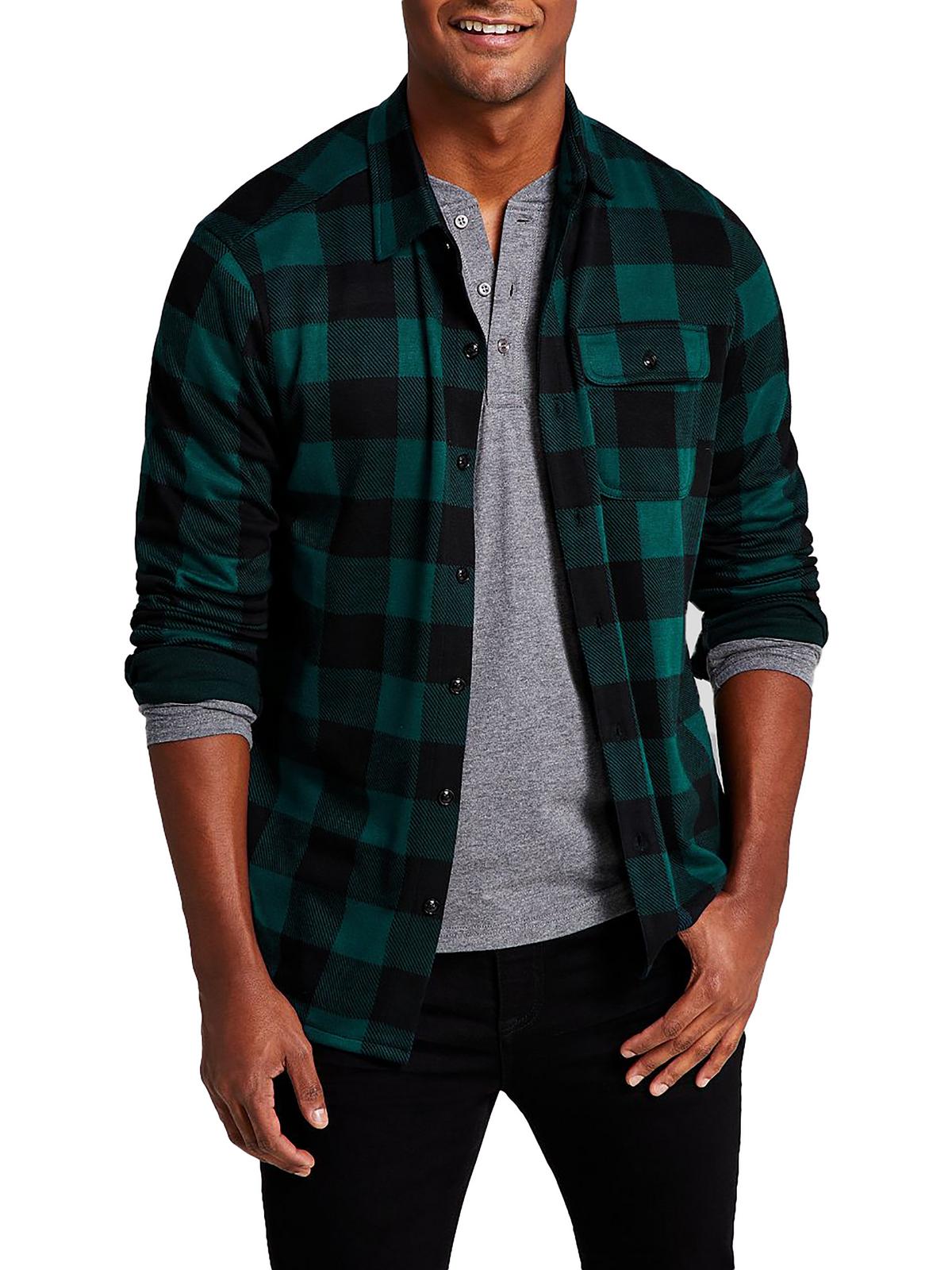 And Now This Men's Plaid Long Sleeve Button down Shirt Dark Green Large