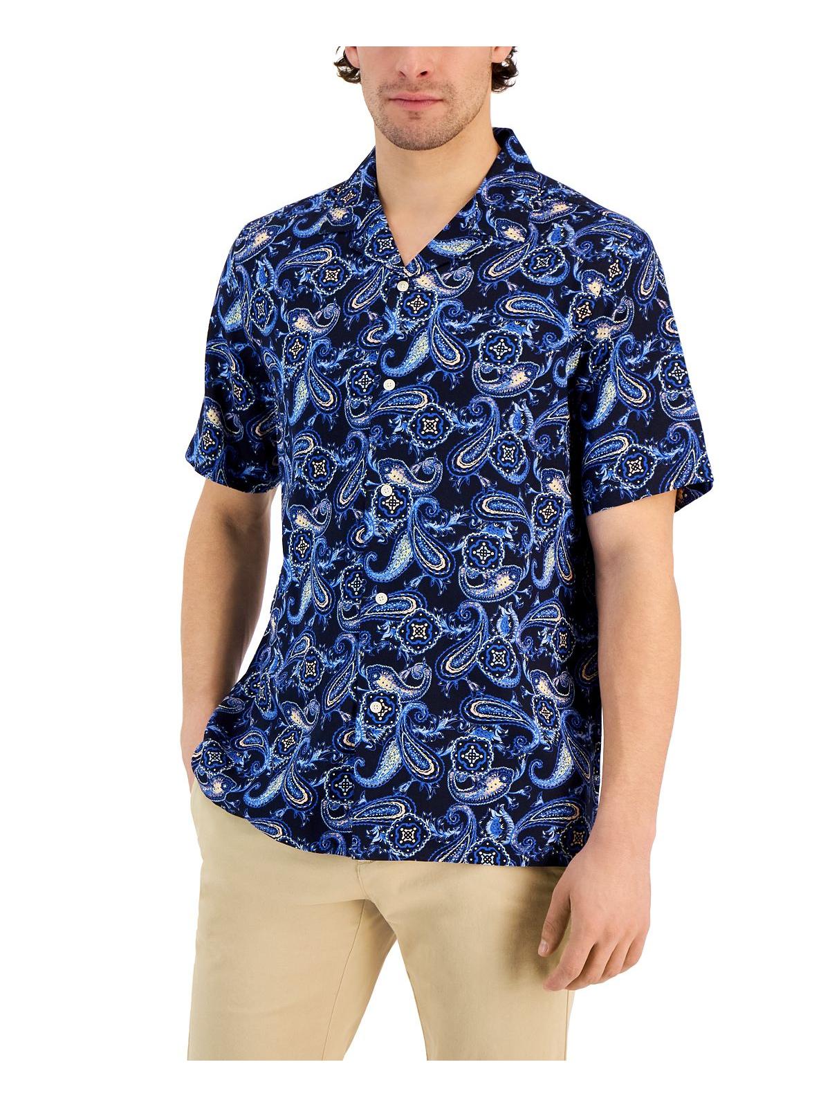 Club Room Mens Silk Paisley Button Shirt Blue Medium