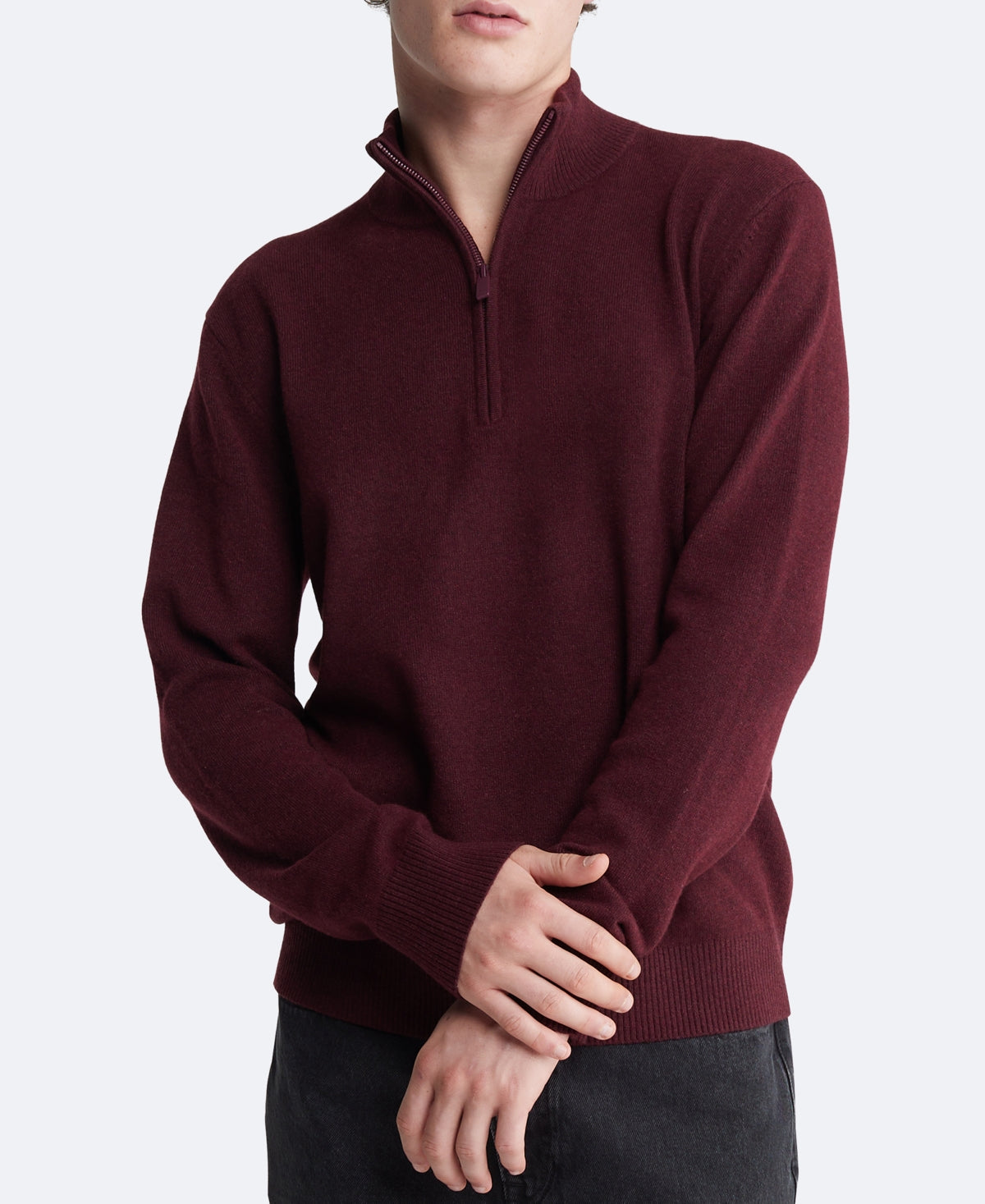 Calvin Klein Men's Ribbed Trim Quarter Zip Sweater Tawny Port Heather Red Medium