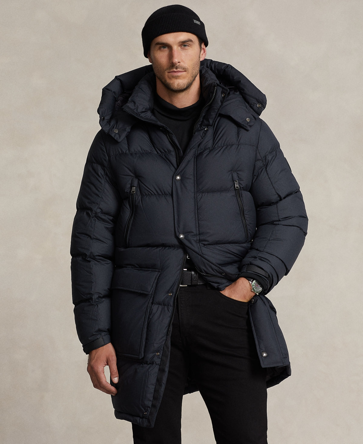 Ralph Lauren Men's Big Tall Water Repellent Polo Down Hooded Coat Black 3LT