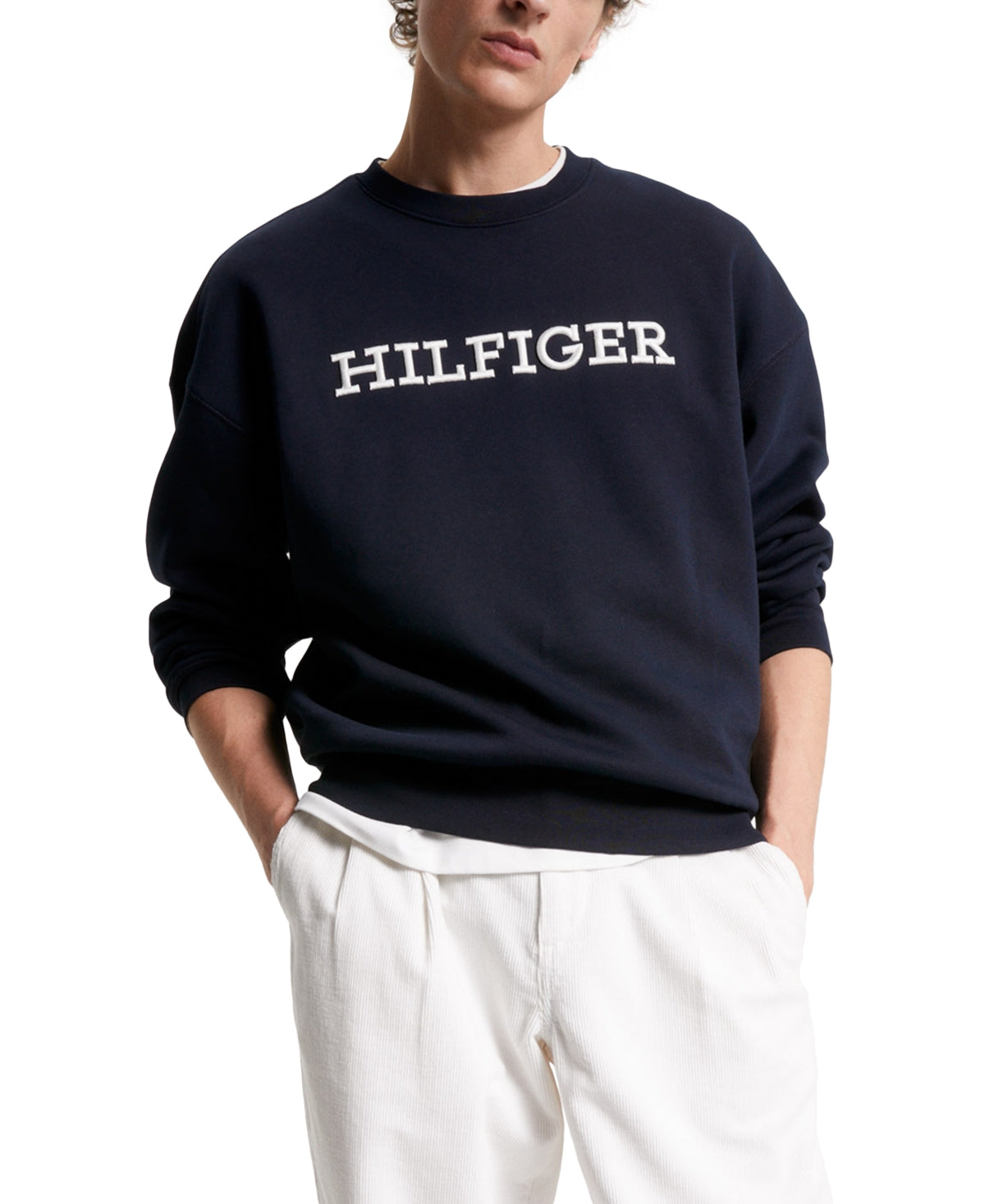 Tommy Hilfiger Men's Embroidered Logo Crewneck Sweatshirt Navy Blue White XL