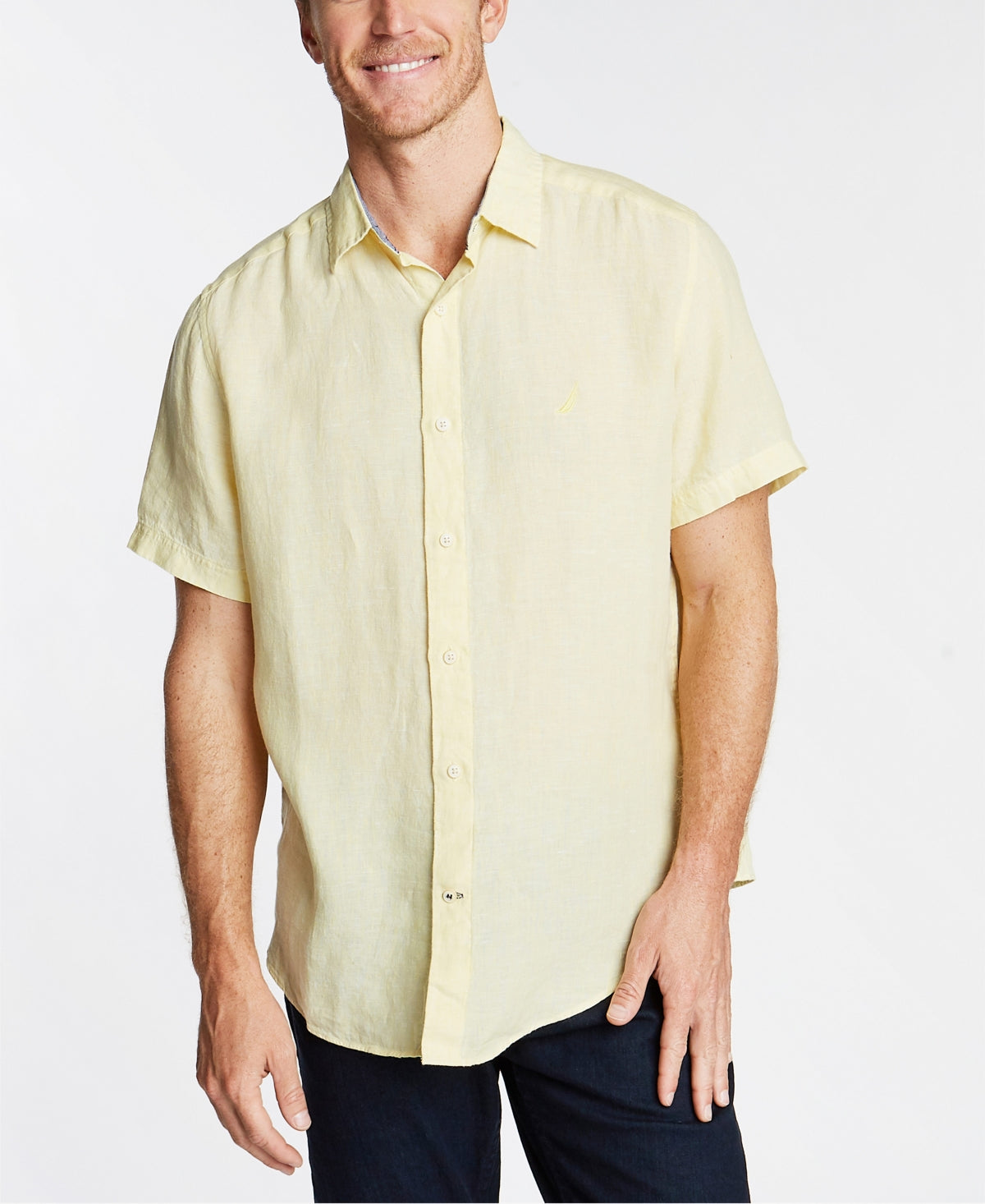 Nautica Mens Regular fit Short Sleeve Button-Up Shirt Large Sunshine Yellow