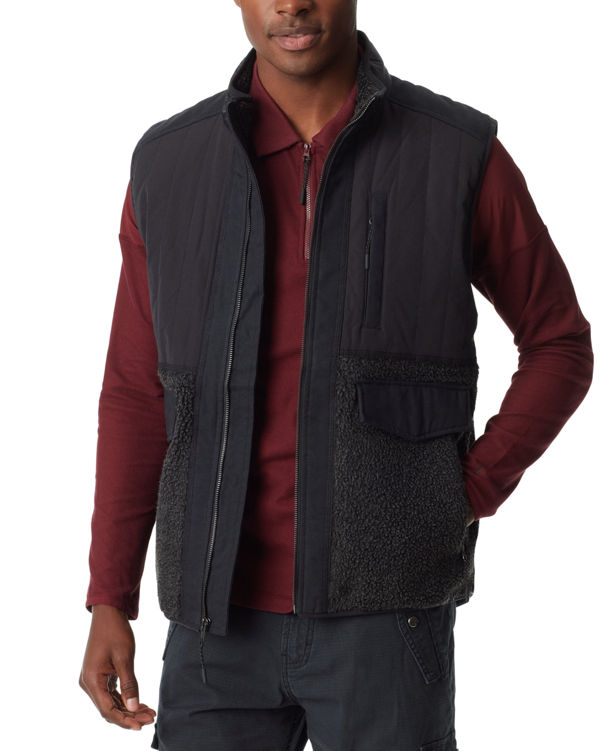 BASS OUTDOOR Mens Mixed Media Full Zip Caviar Vest Large