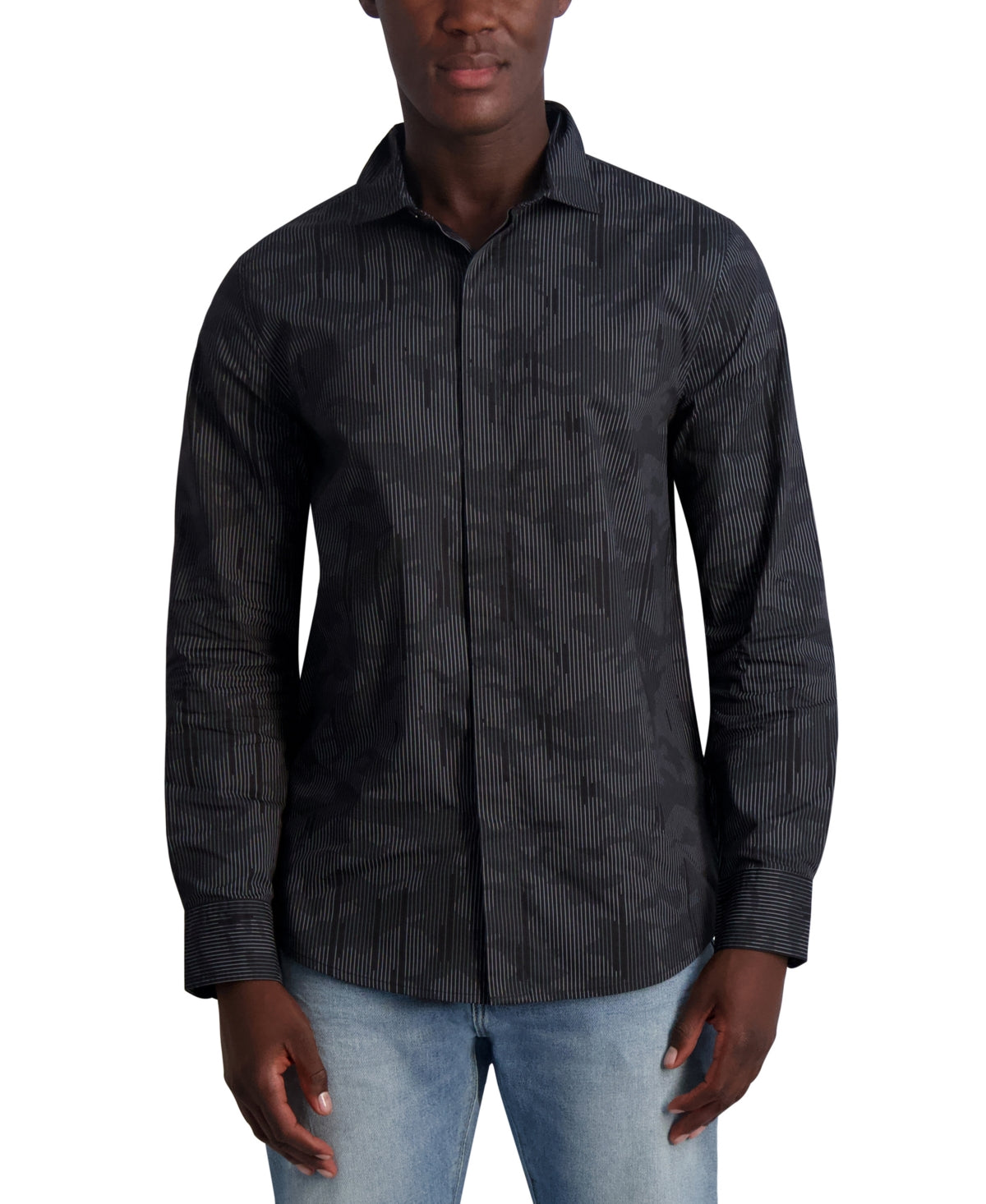 Karl Lagerfeld Paris Mens Slim Fit Button Down Shirt Camo Shirt Black Large
