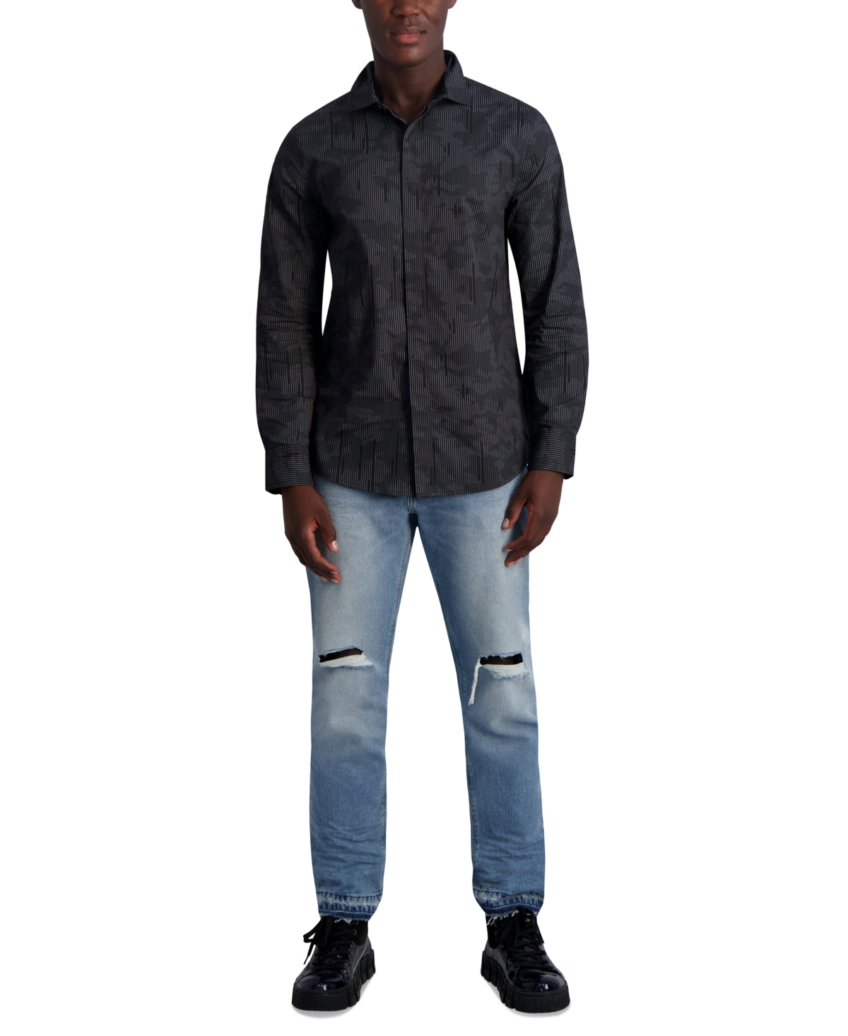 Karl Lagerfeld Paris Mens Slim Fit Button Down Shirt Camo Shirt Black Large