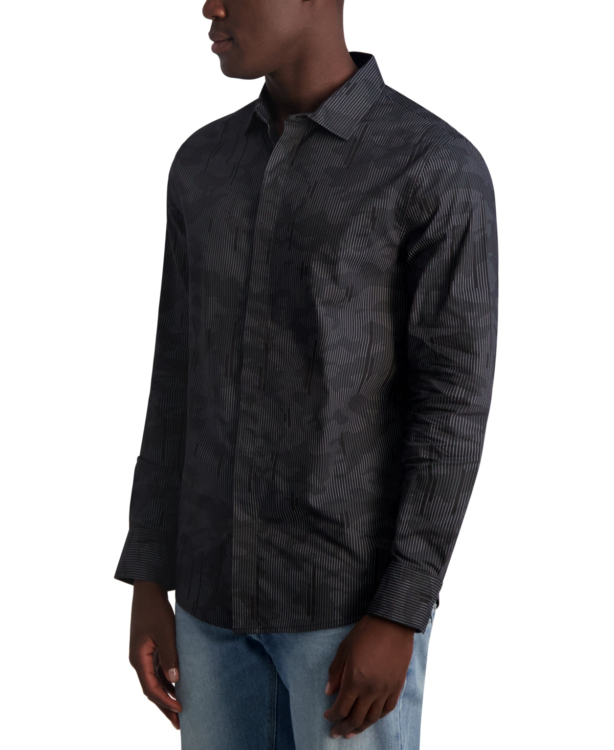 Karl Lagerfeld Paris Mens Slim Fit Button Down Shirt Camo Shirt Black Large