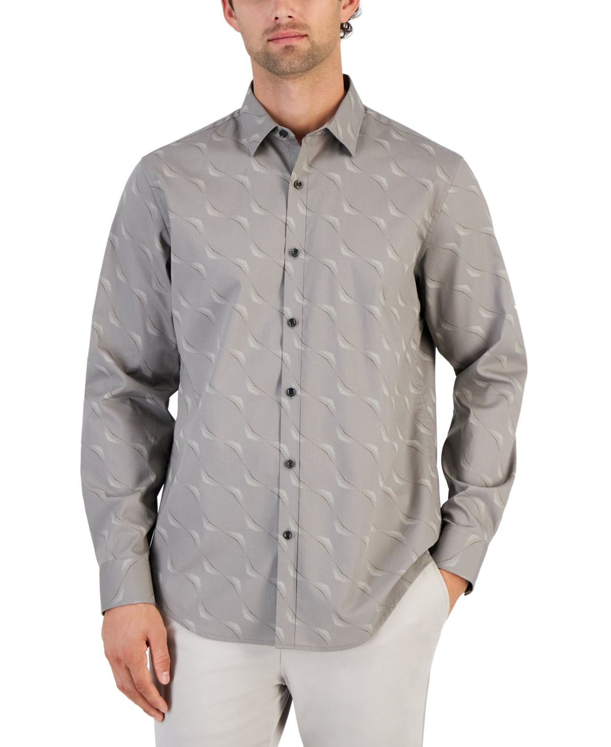 Alfani Mens Dot Wave Print Long Sleeve Button Down Shirt Smoked Medium Taupe