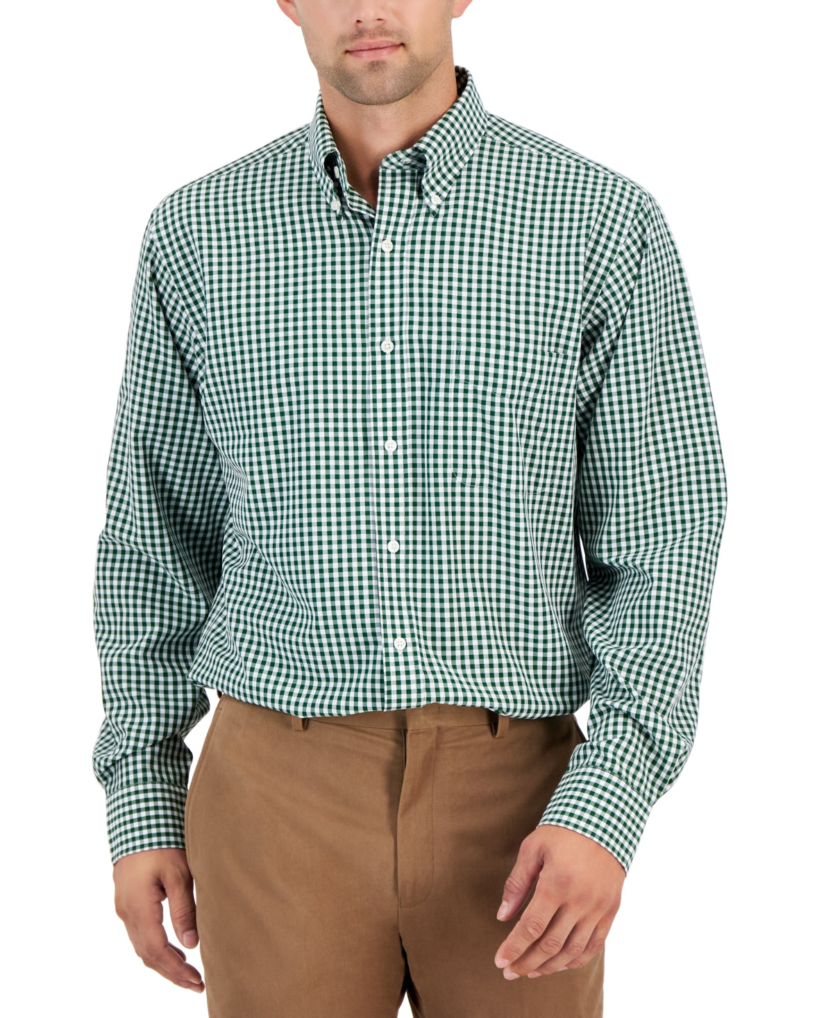 Club Room Mens Regular fit Dress Shirt Medium 15.5 in 32-33 Green White Check