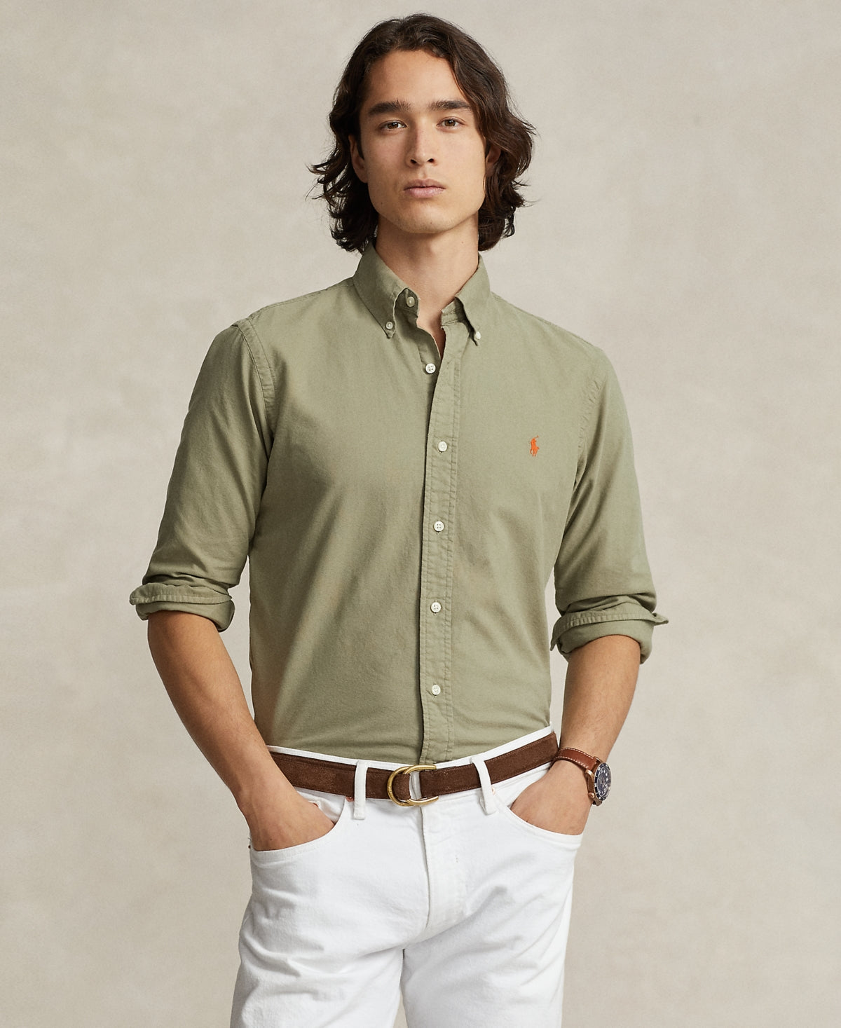 Polo Ralph Lauren Men Classic fit Long Sleeve Button-Up Shirt Large Green Solid