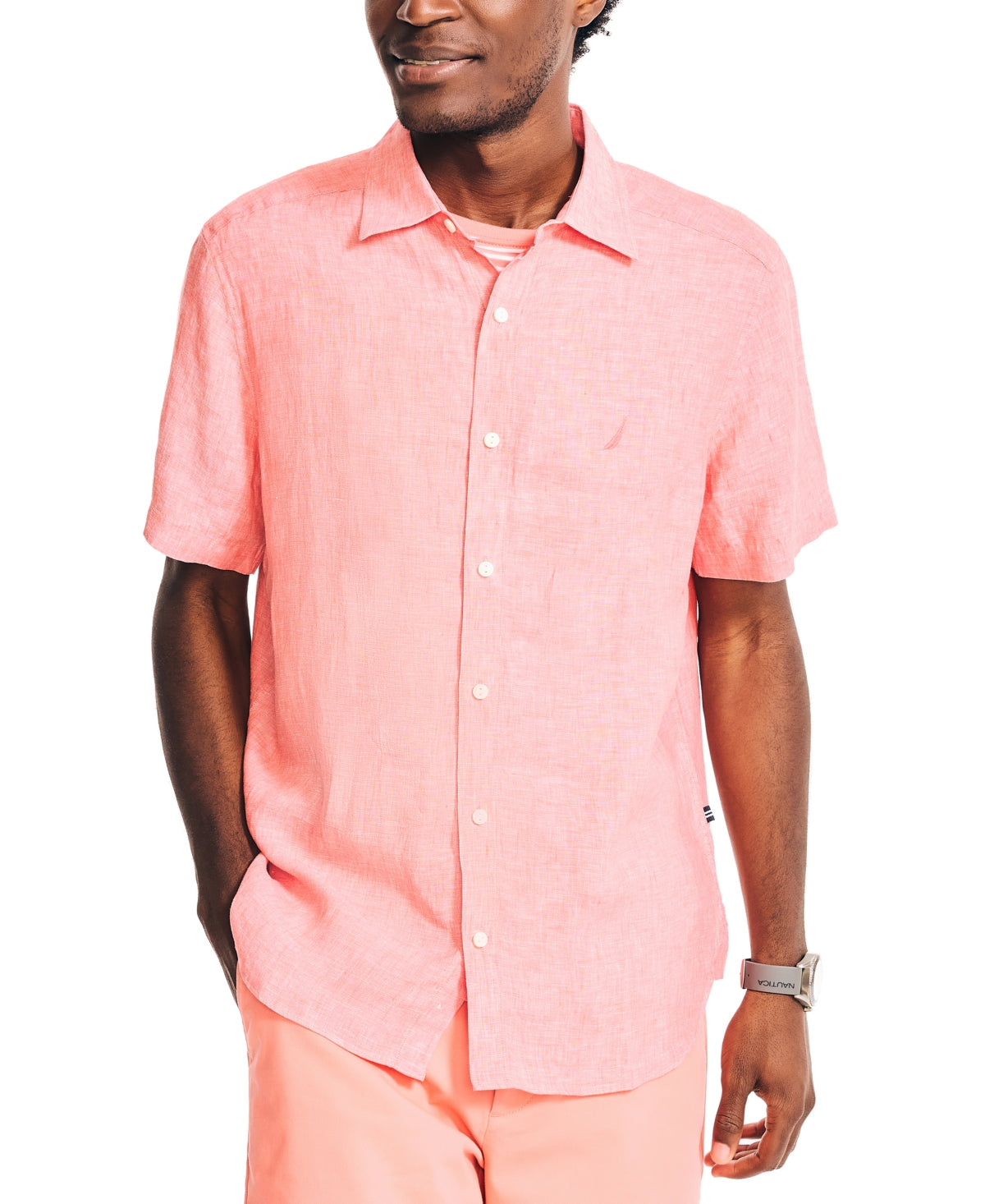 Nautica Mens Classic fit Short Sleeve Button-Up Shirt Medium Red