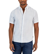 Michael Kors Men's Slim Fit Button Down Short Sleeve Striped Linen Shirt Blue XL