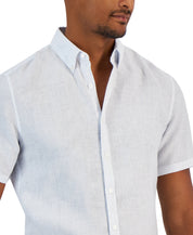 Michael Kors Men's Slim Fit Button Down Short Sleeve Striped Linen Shirt Blue XL