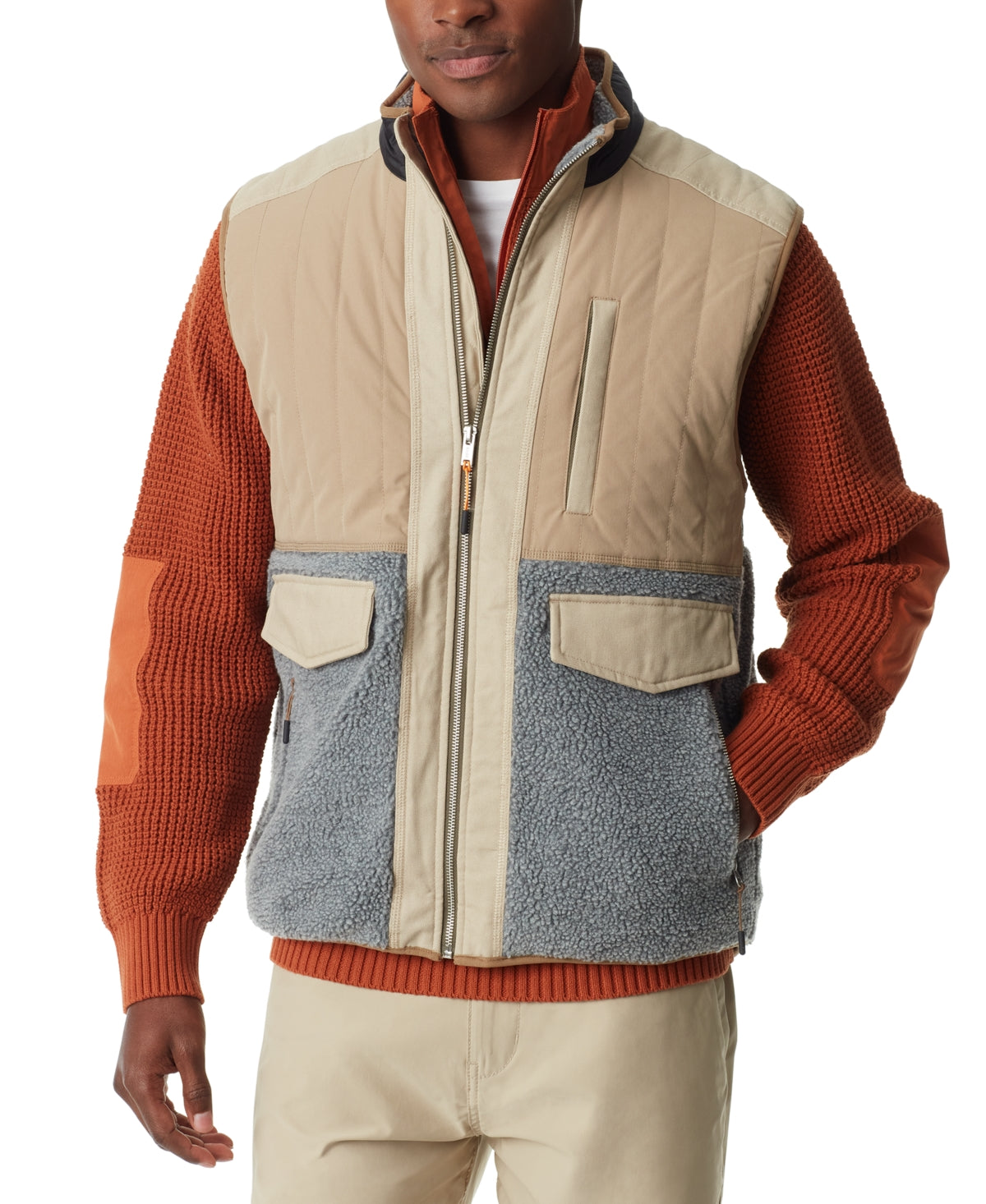 BASS OUTDOOR Mens Mixed Media Vest Beige Heather Grey Small