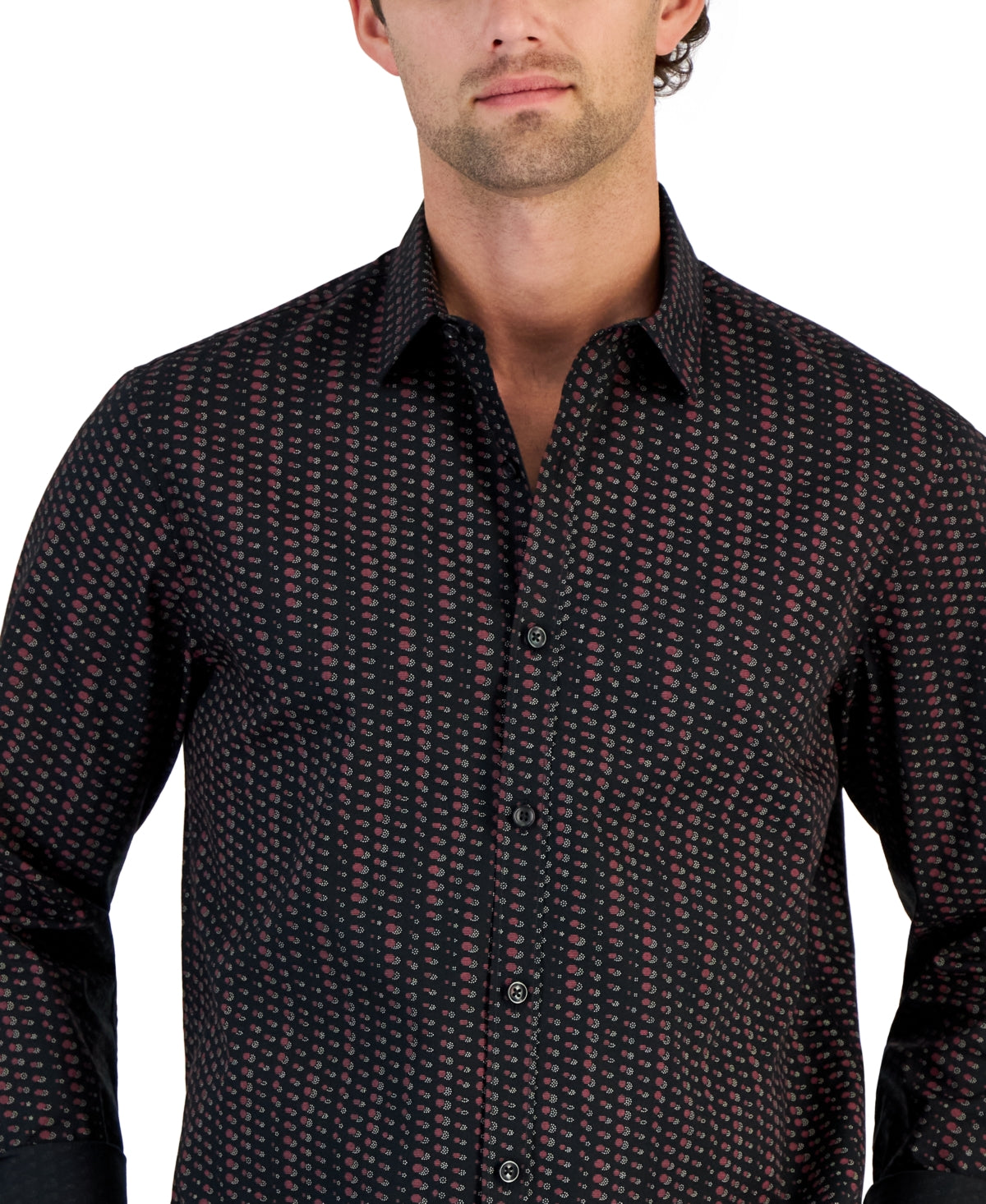 Alfani Men's Round Geometric Print Long Sleeve Button Down Shirt Black Small