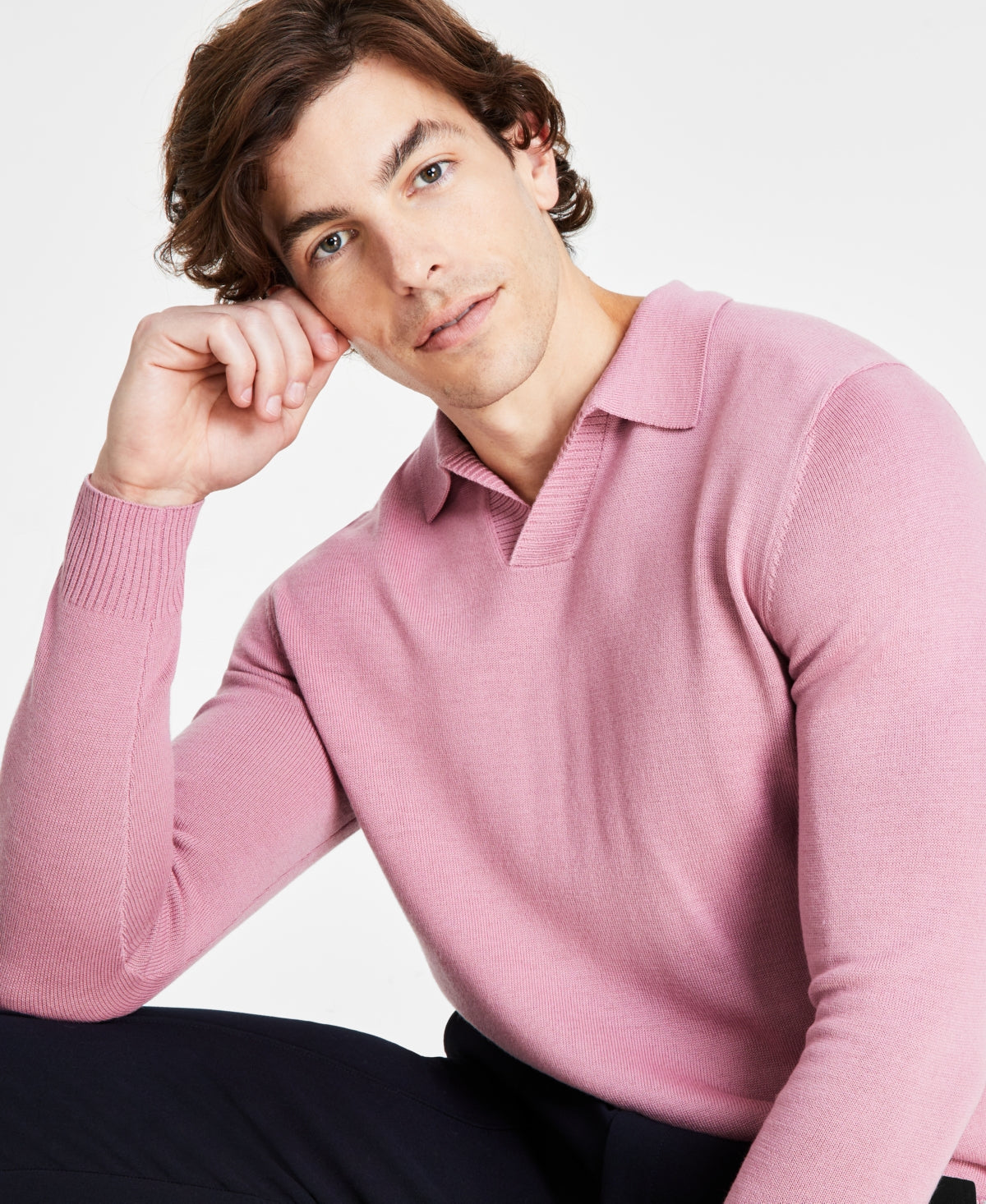 Alfani Mens Regular Fit Johnny Collar Long Sleeve Polo Sweater Rose Pink XXL