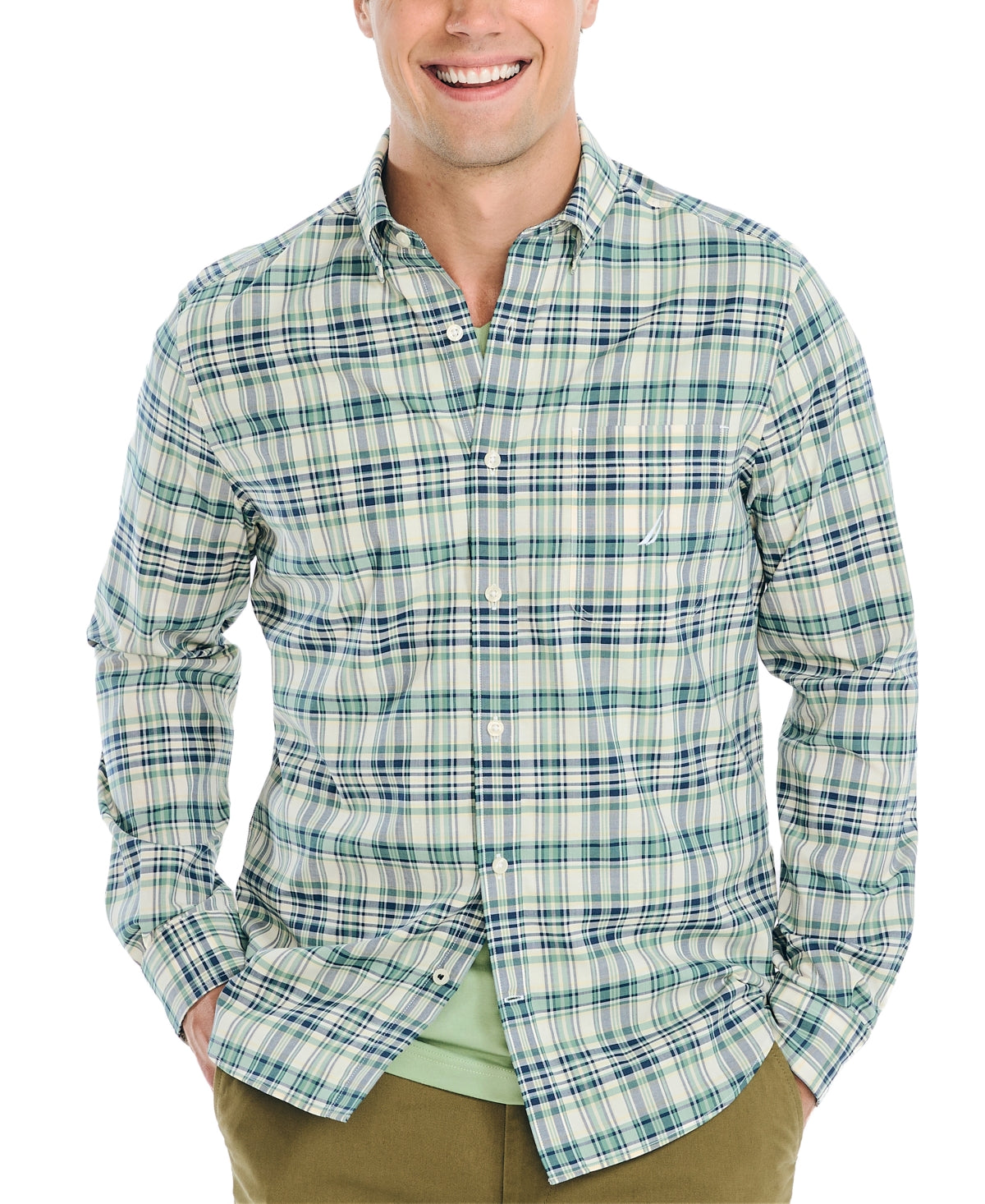 Nautica Men's Plaid Long Sleeve Button Down Shirt Green Small