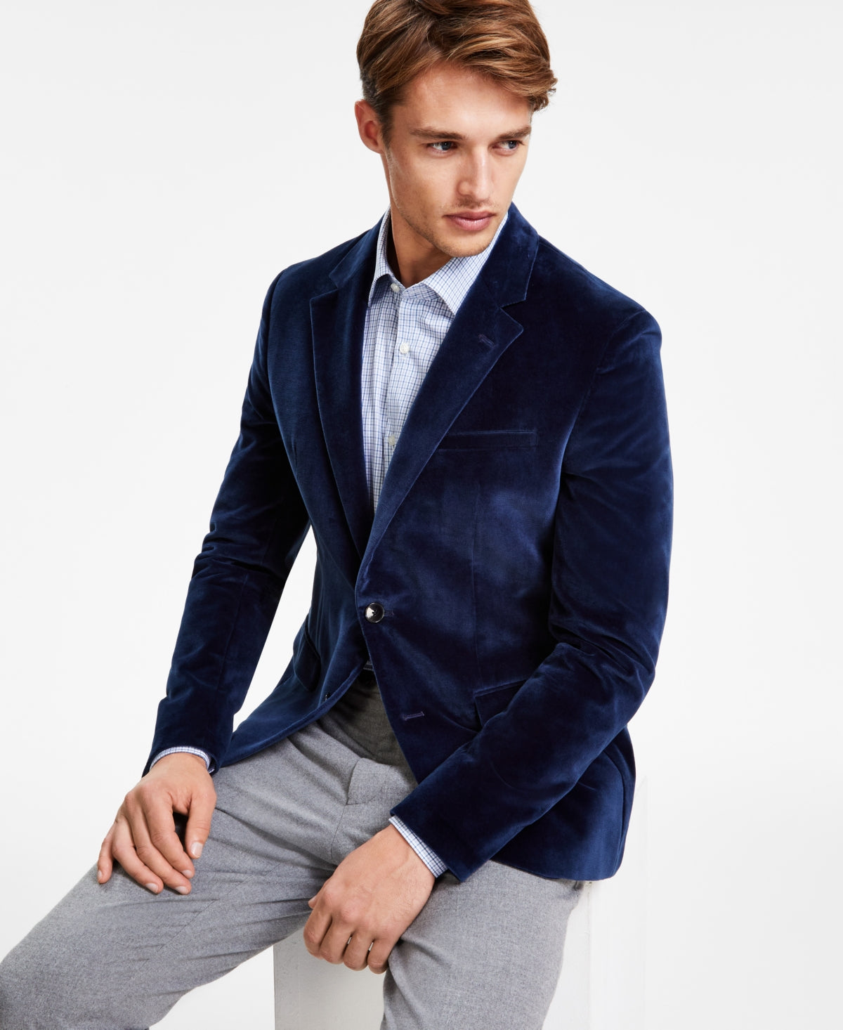 Hugo Boss Men's Modern-Fit Velvet Navy Dinner Jacket Blazer 36S Sport Coat