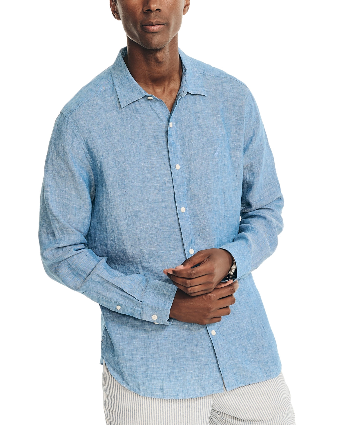 Nautica Men's Classic Fit Long Sleeve Button Down Linen Shirt Snorkel Blue XL