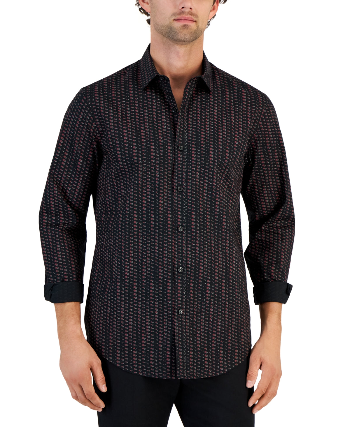 Alfani Men's Round Geometric Print Long Sleeve Button Down Shirt Black Medium